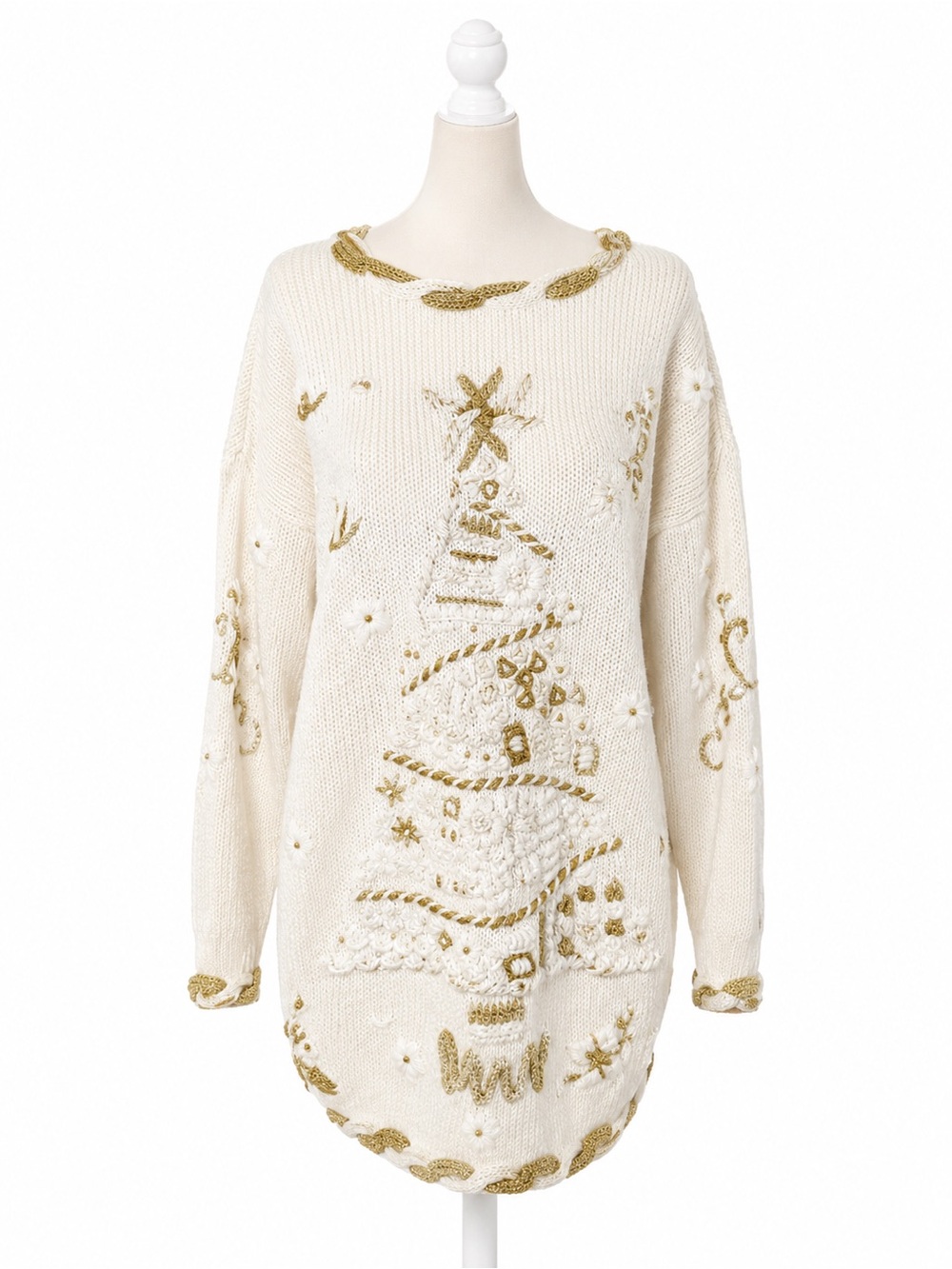 Vintage 1995 DBL Christmas Tree Sweater M White Gold Embroidered Cottagecore